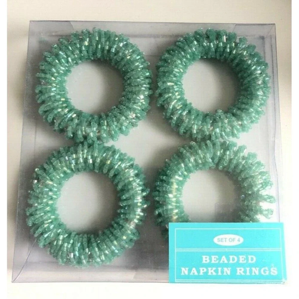 Nantucket Napkin Rings Fully Beaded Beach Summer Easter Blue Aqua Set of 4